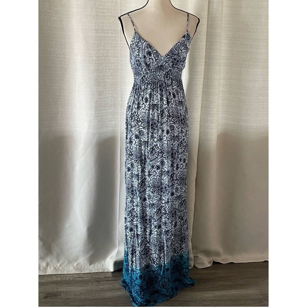 AQUA Womens Sleeveless Maxi Dress Slit Blue Ombre Floral Sz S NWT $108